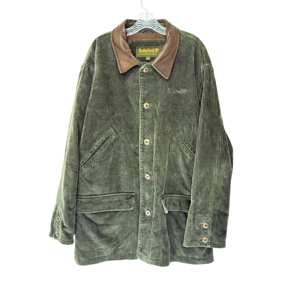 Timberland Weathergear Barn Coat Men's Corduroy Green Leather Collar‎ Large